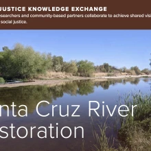 A flyer shows the event title and image of a still river in the desert.