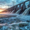 Water rushes through a dam with power lines against the skyline.